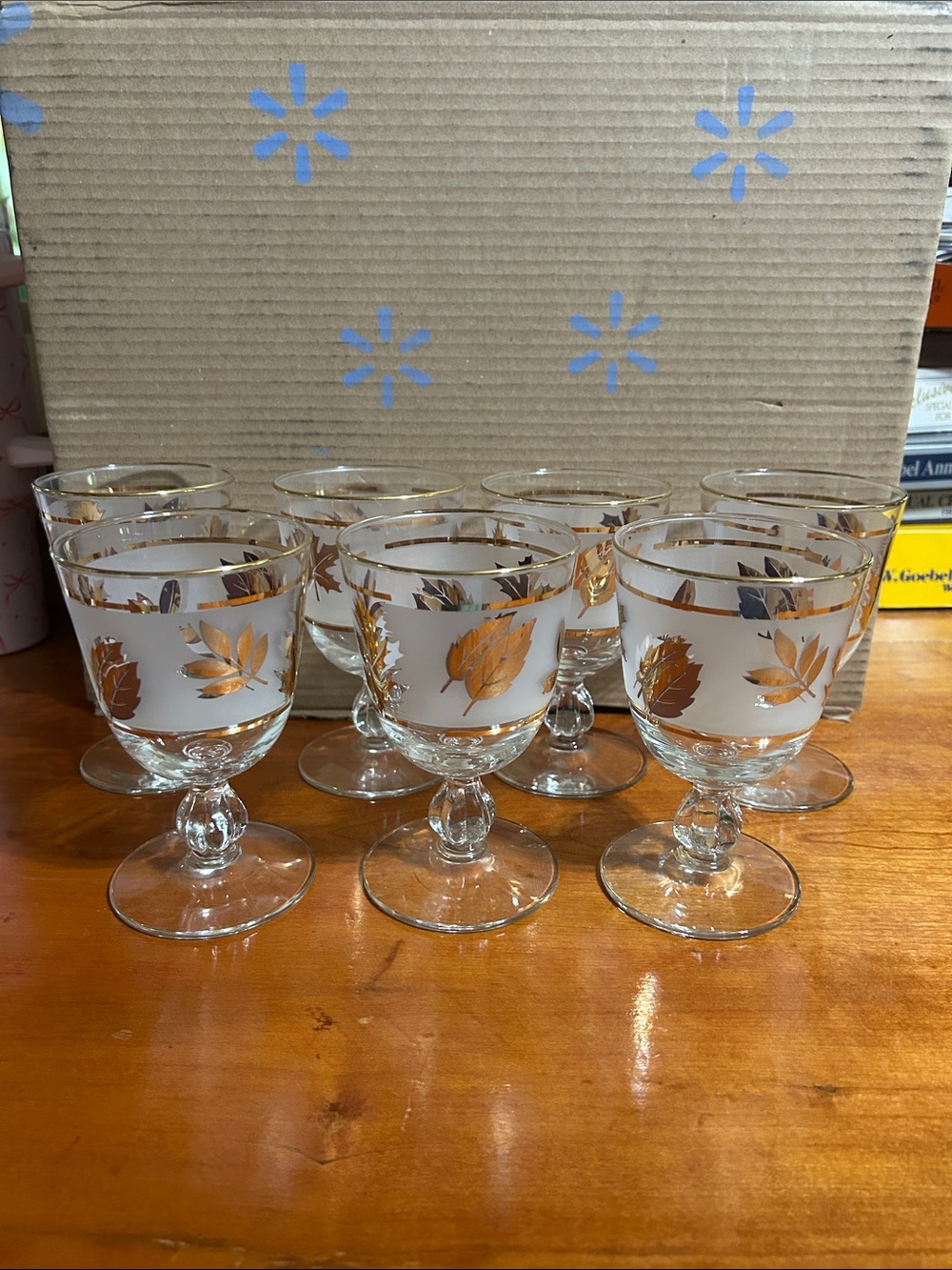Vintage Libby Gold Leaf Frosted Glass Goblets - Set of 7